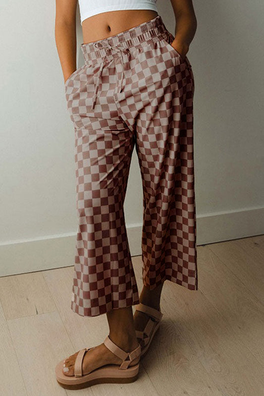 Khaki Checkered Elastic High Waist Loose Casual Pants