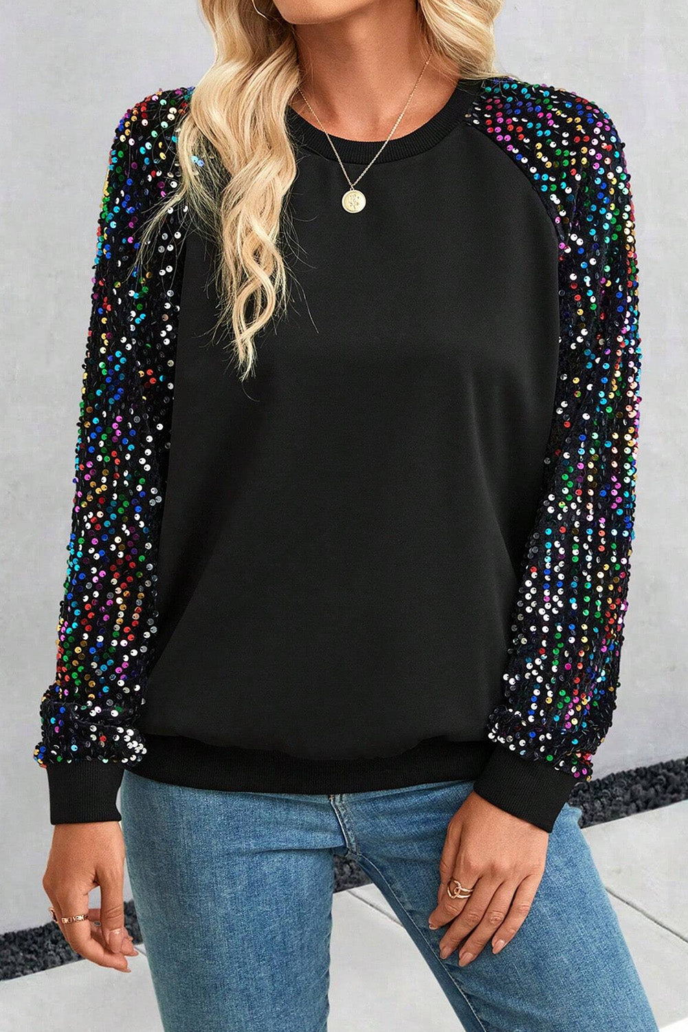 Black Sequin Raglan Sleeve Crewneck Pullover Sweatshirt