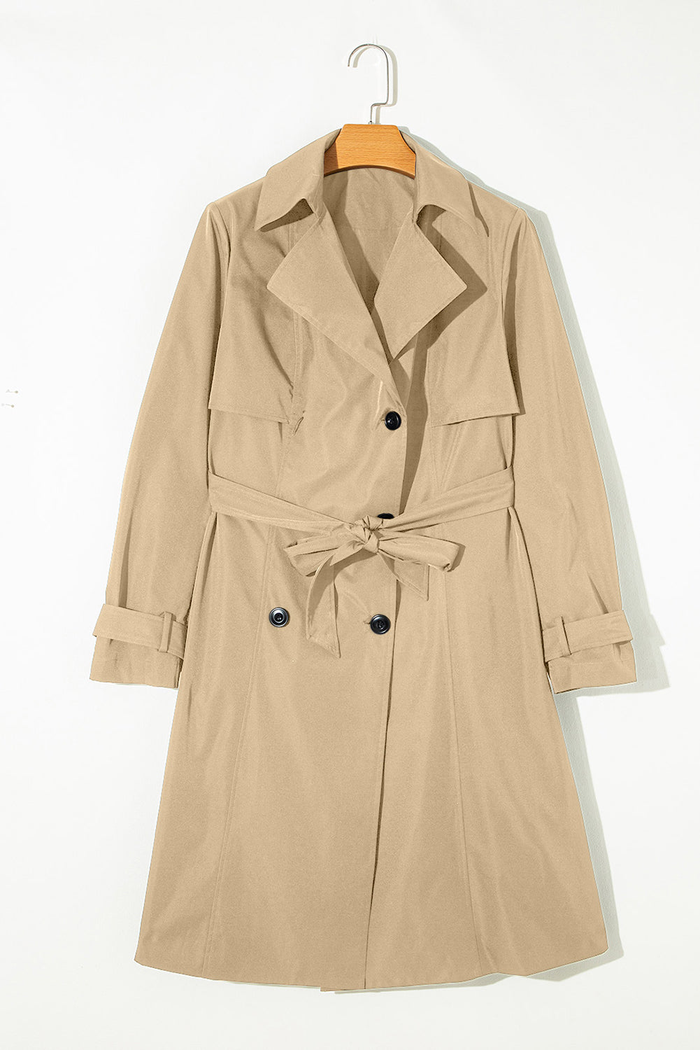 Pale Khaki Solid Color Lapel Collar Waist Tie Wind Coat