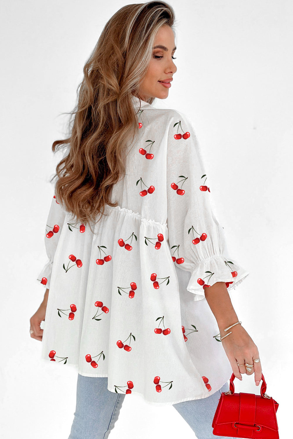 White Cherry Print Flounce Sleeve Collared Frilled Babydoll Blouse