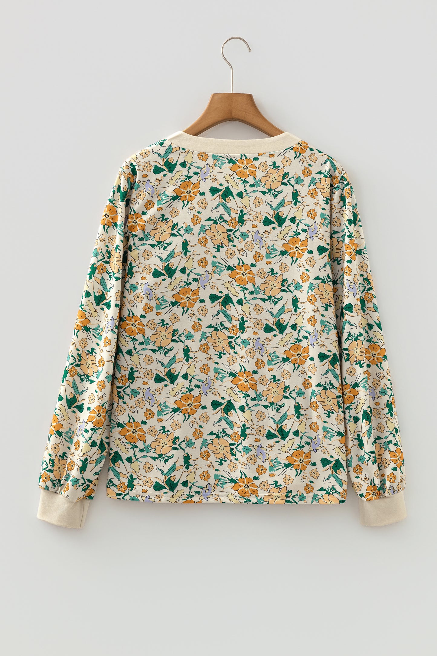 Khaki Floral Print Button Notched V Neck Long Sleeve Top