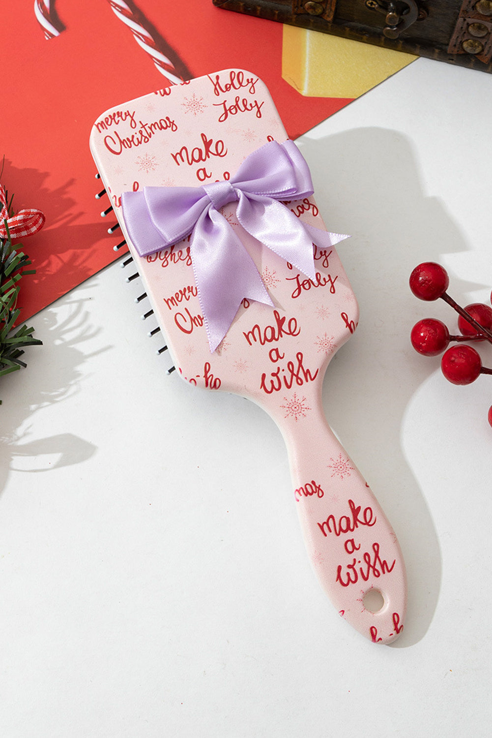 Pink Christmas Letter Print Ribbon Bow Decor Scalp Massage Comb