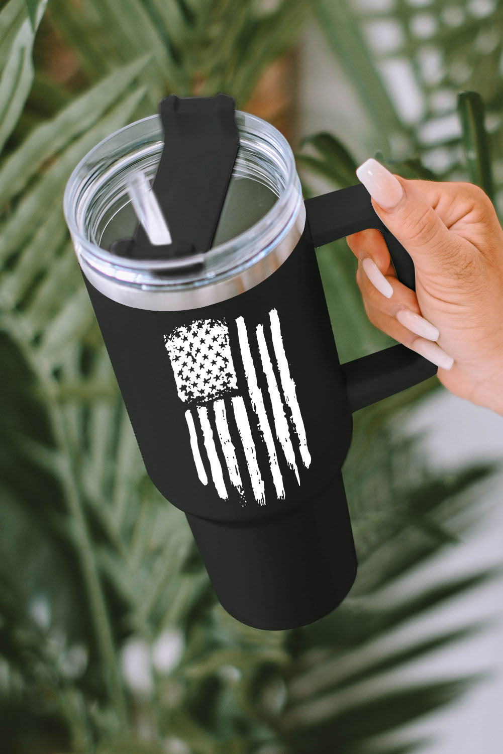 Black American Flag Print Stainless Steel Portable Cup with Handle 40oz