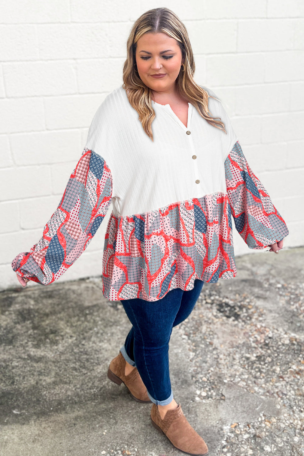 Apricot Plus Size Printed Patchwork Textured Buttoned Blouse