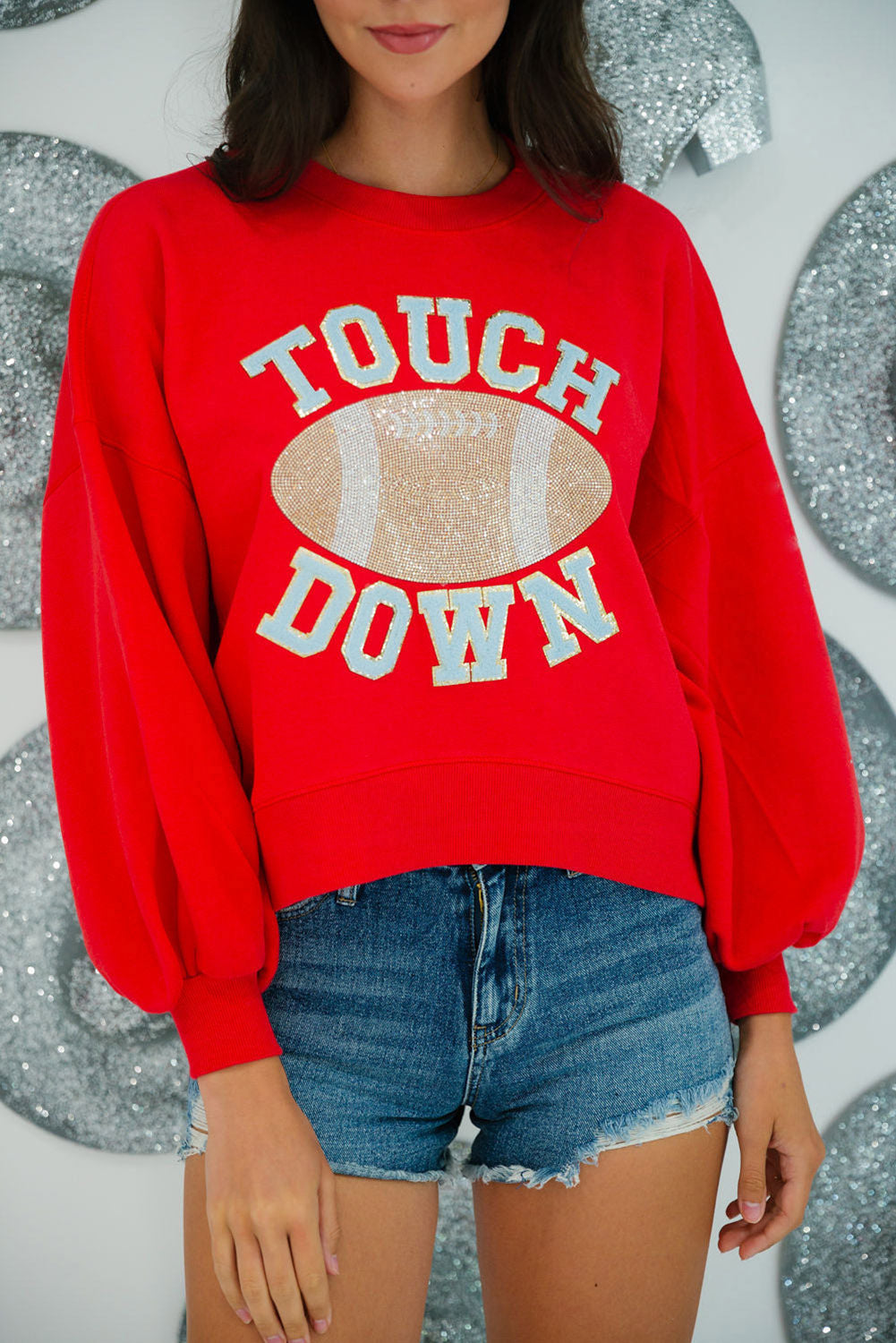 Fiery Red TOUCH DOWN Football Graphic Pullover Sweatshirt