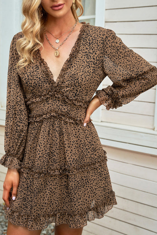 Leopard Ruffle Detailing Open Back Floral Dress