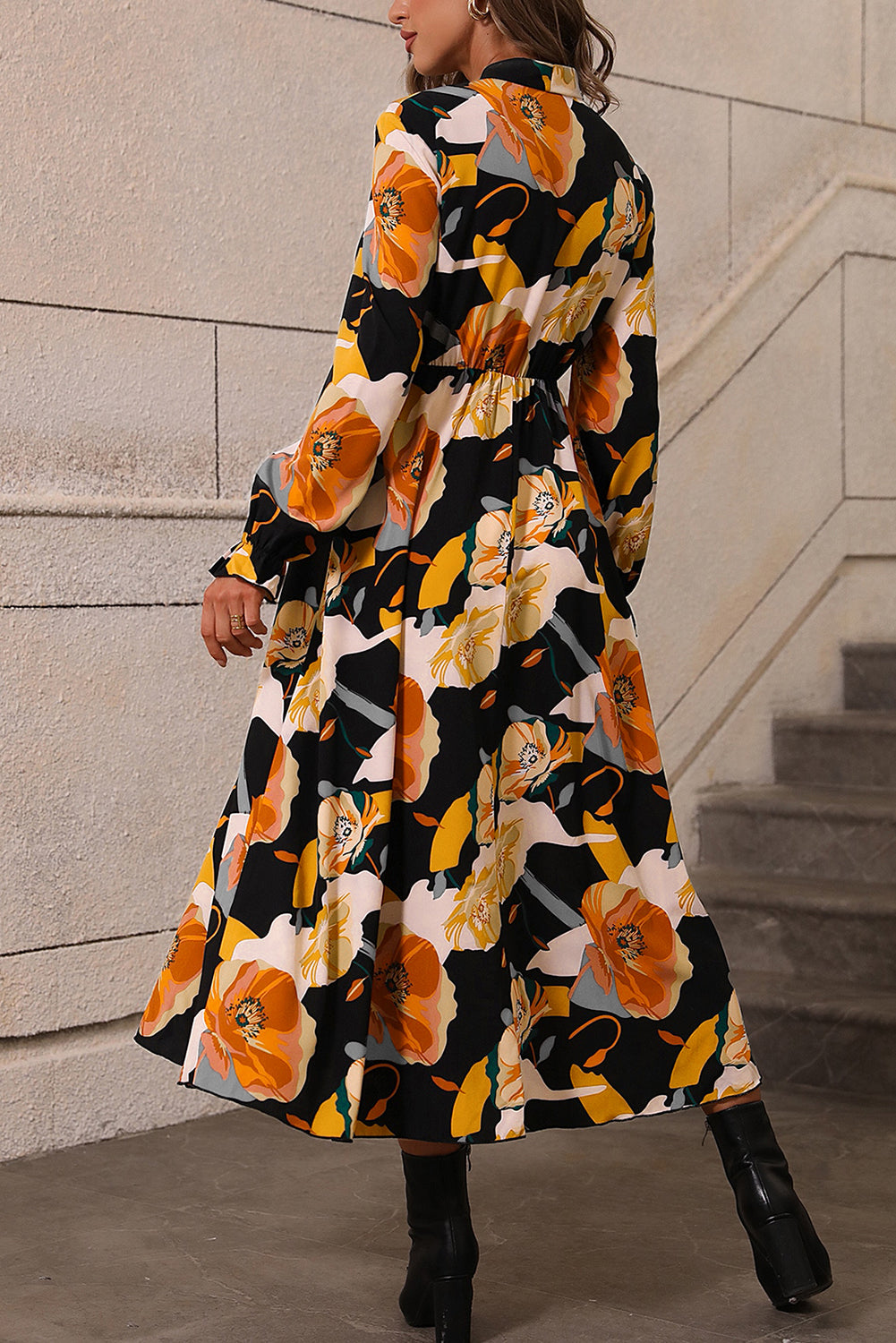 Orange Floral Print Tie Neck Long Sleeve Dress Emmeline s Fashion