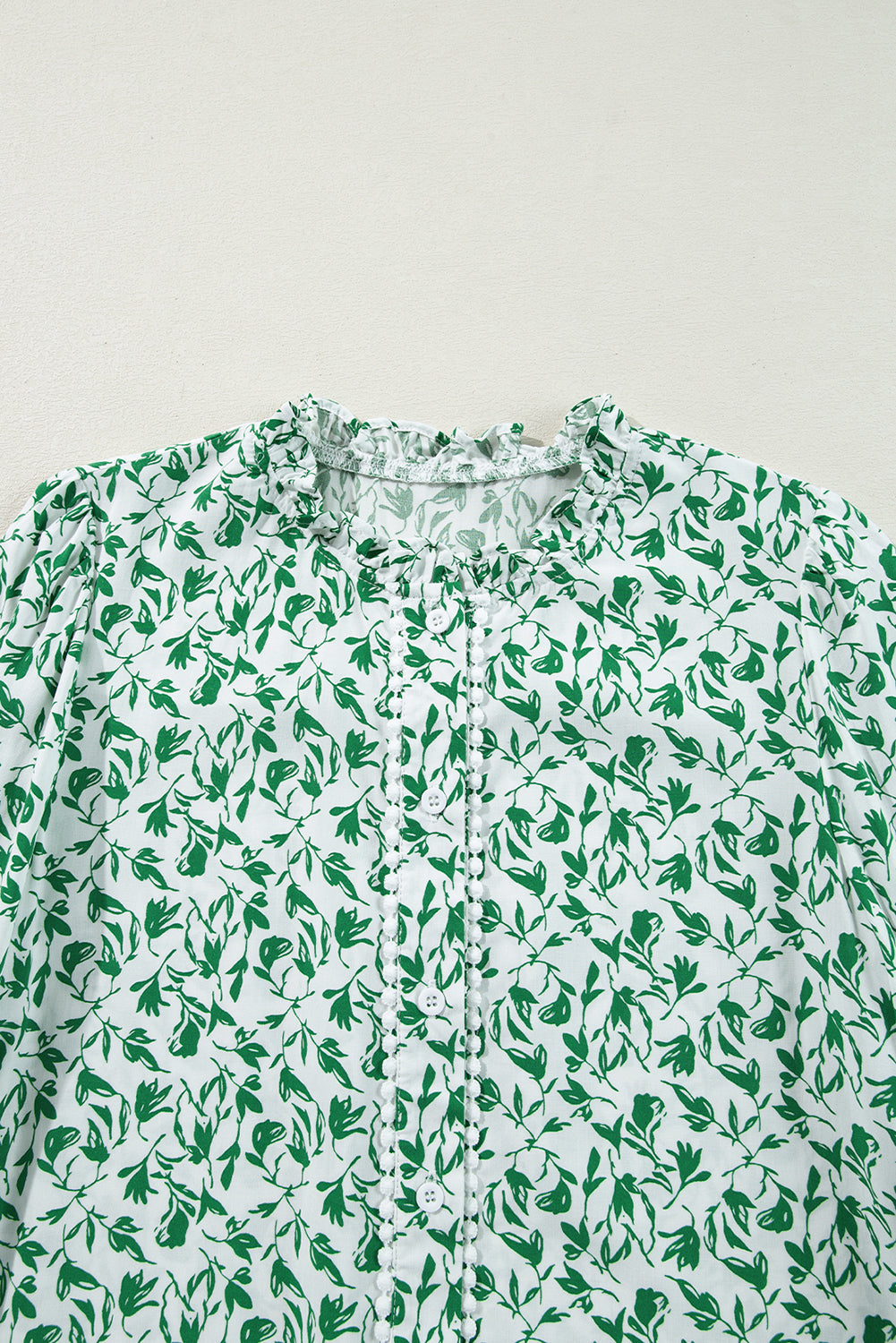 Green Printed Lace Detail Floral Puff Sleeve Fall Shirt