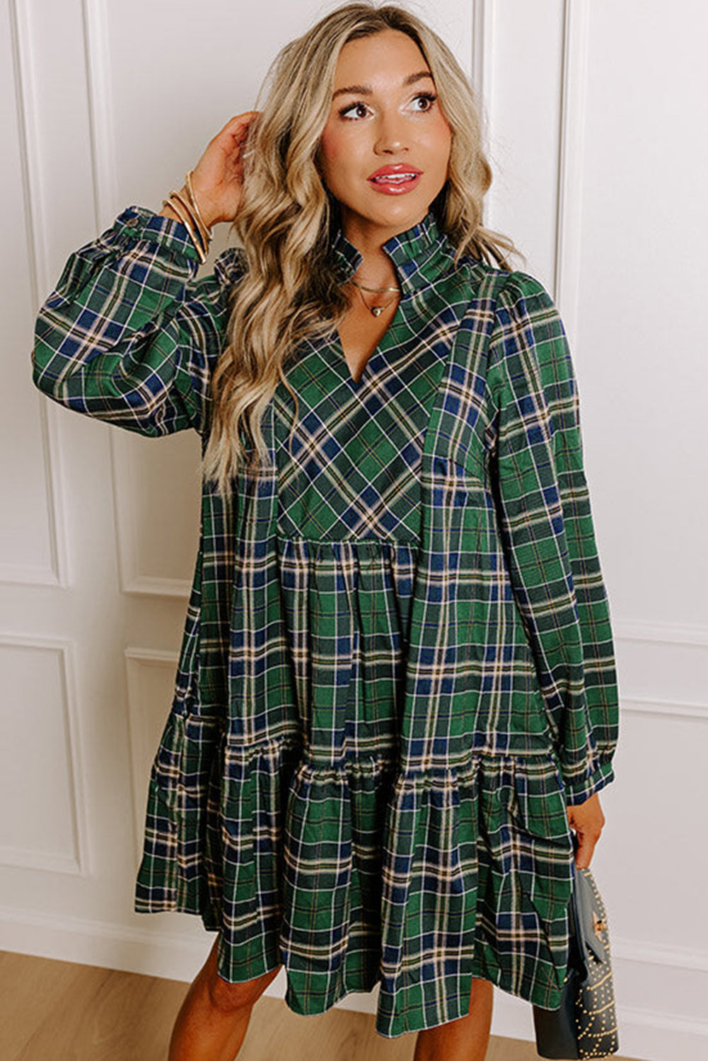 Green Plaid Print Frilly Collar Long Sleeve Shift Mini Dress