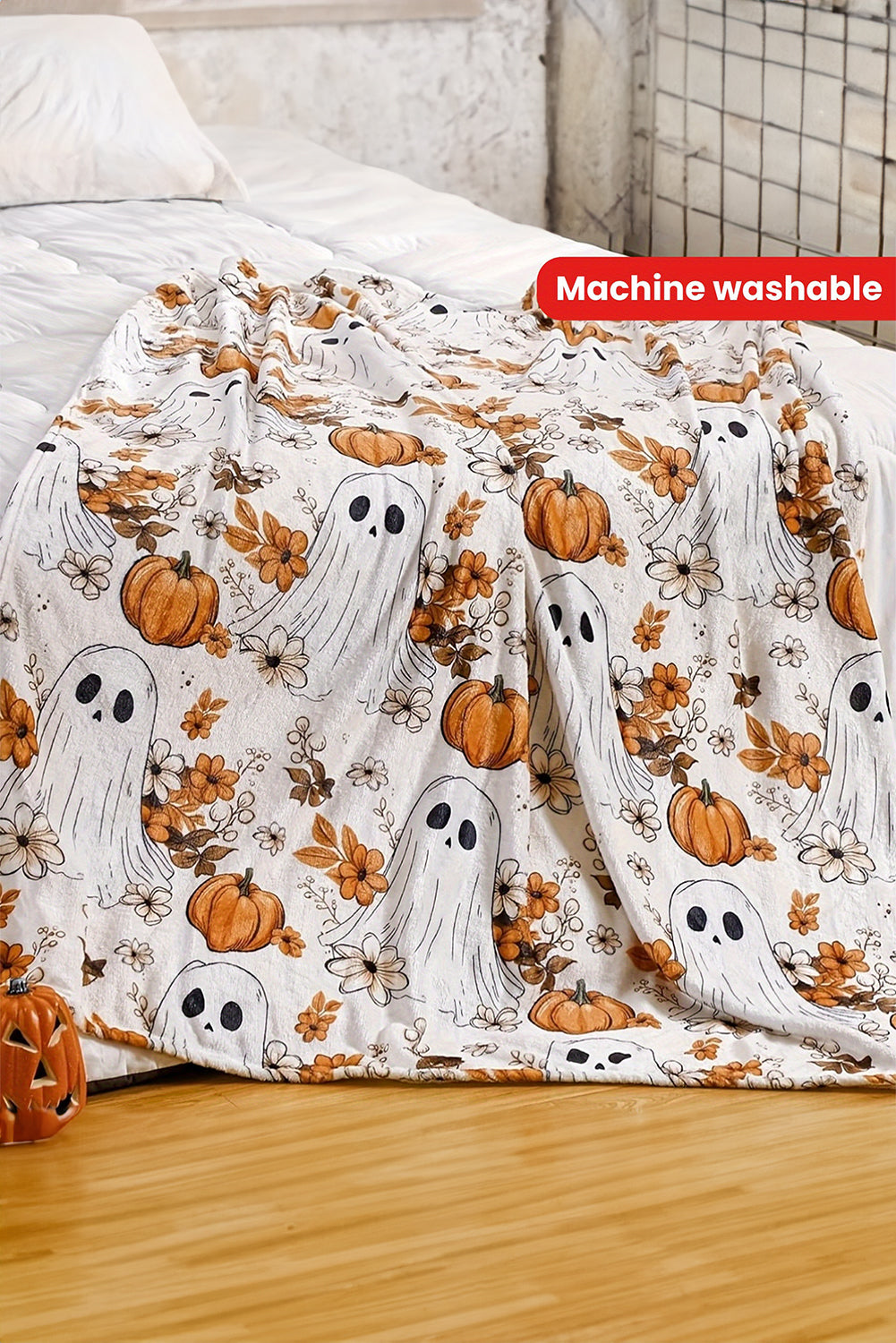 Orange Halloween Ghost Pumpkin Print Fleece Throw Blanket