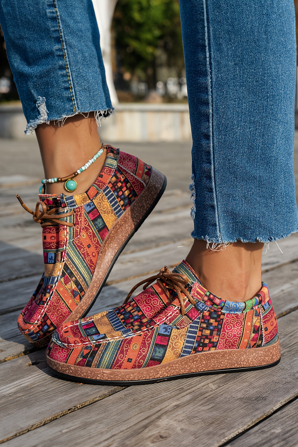 Racing Red Western Print Faux Suede Lace-up Decor Slip On Shoes