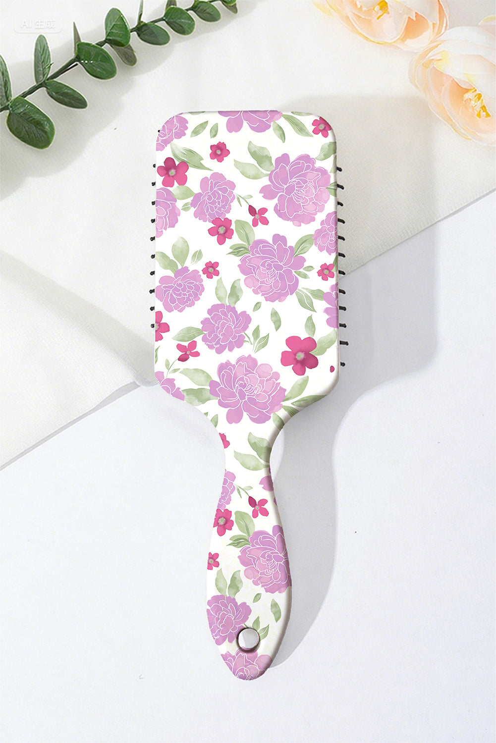 White Peony Flower Print Large Paddle Air Cushion Comb