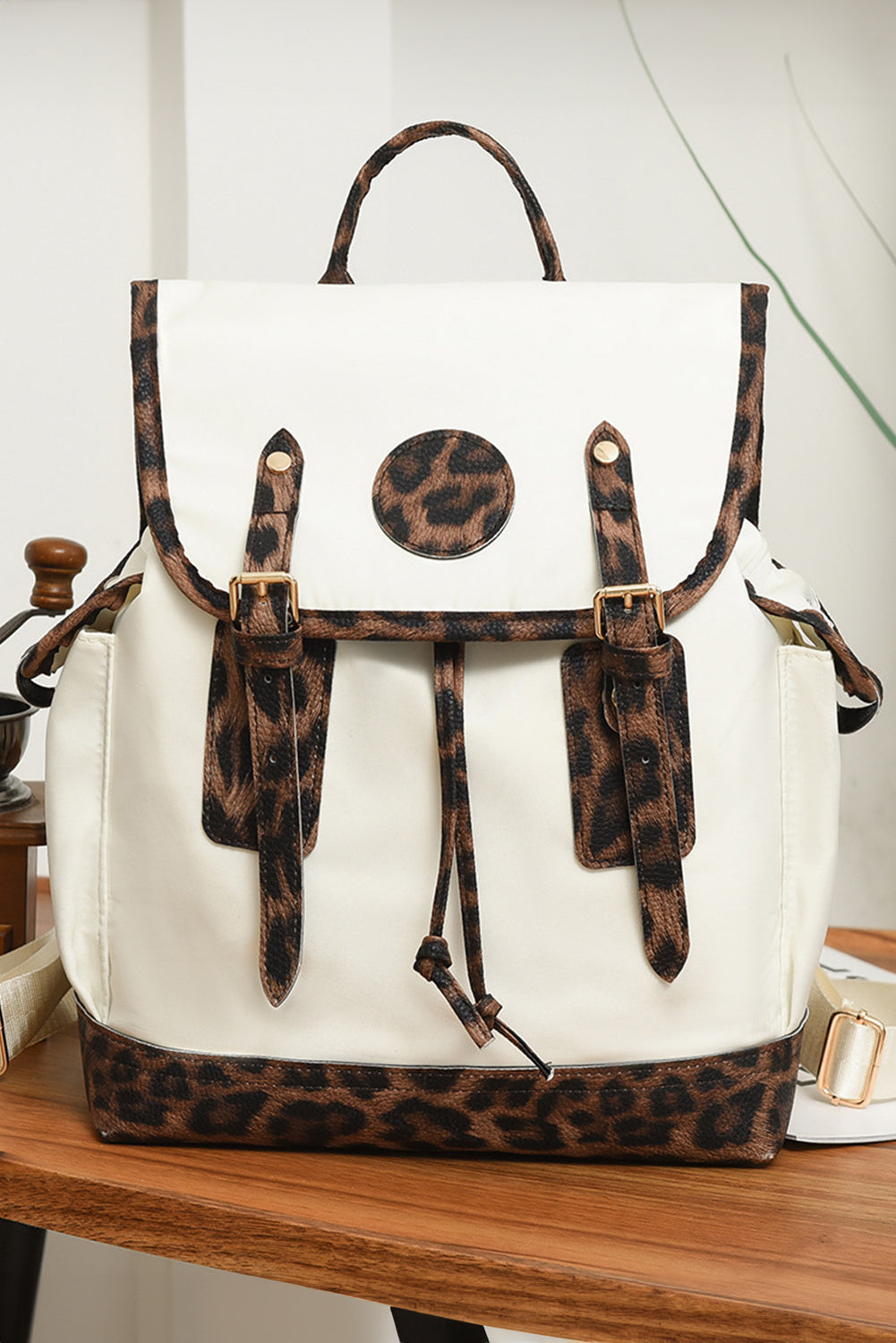 White Leopard Patchwork Flap PU Leather Large Backpack