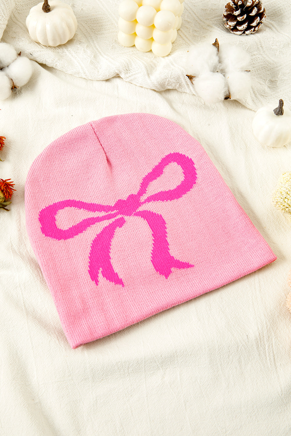 Pink Ribbon Bow Print Soft Knit Beanie