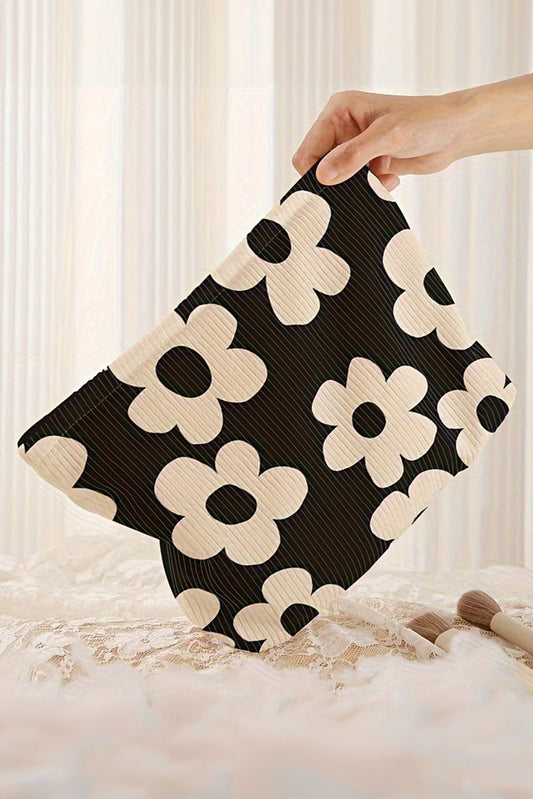 Black Flower Printed Rib Textured Cosmetic Bag