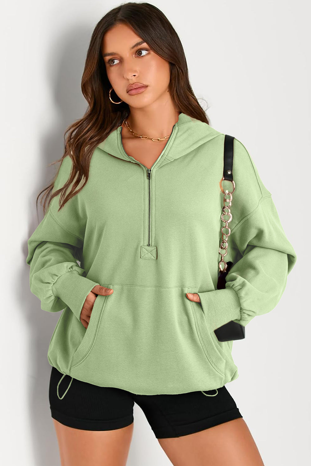 Smoke Green Solid Kangaroo Pocket Half Zipper Oversized Hoodie