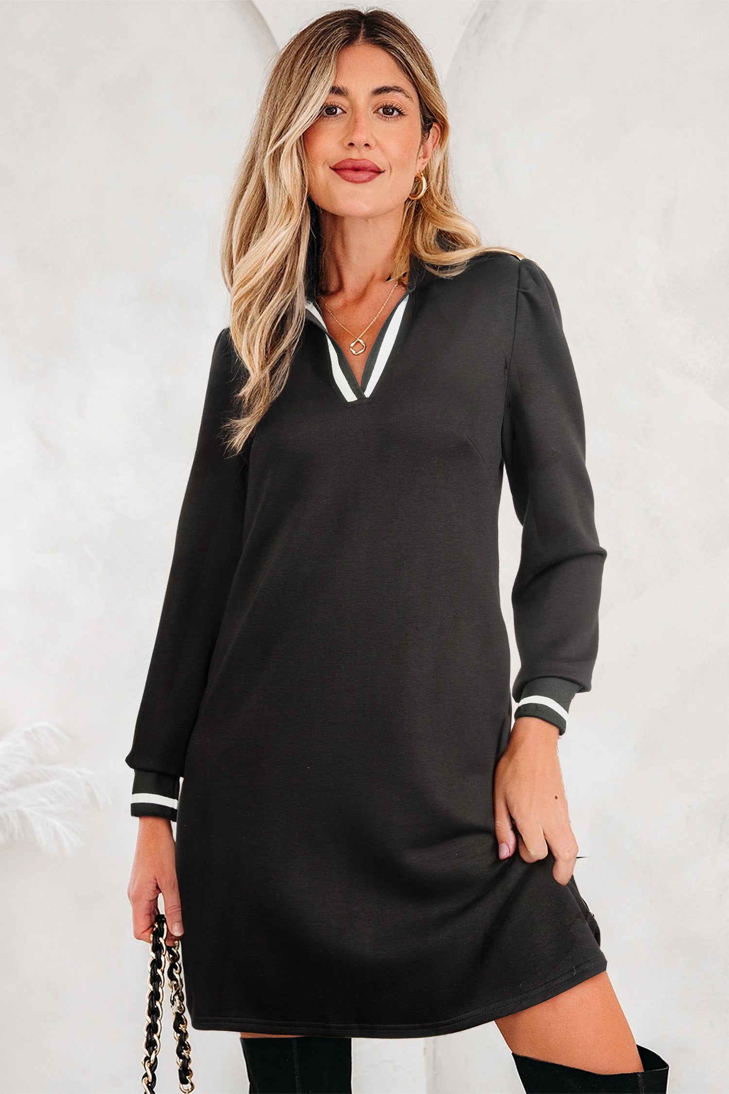 Black Striped Trim V Neck Collared Long Sleeve Shift Mini Dress