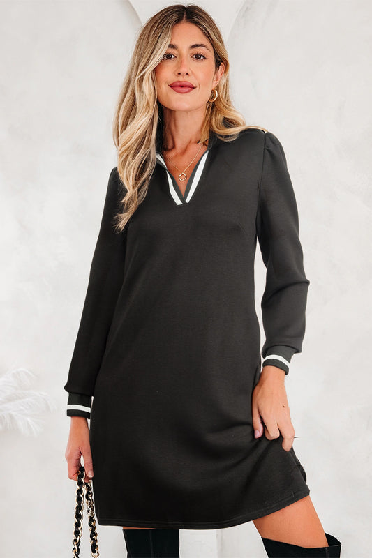 Black Striped Trim V Neck Collared Long Sleeve Shift Mini Dress