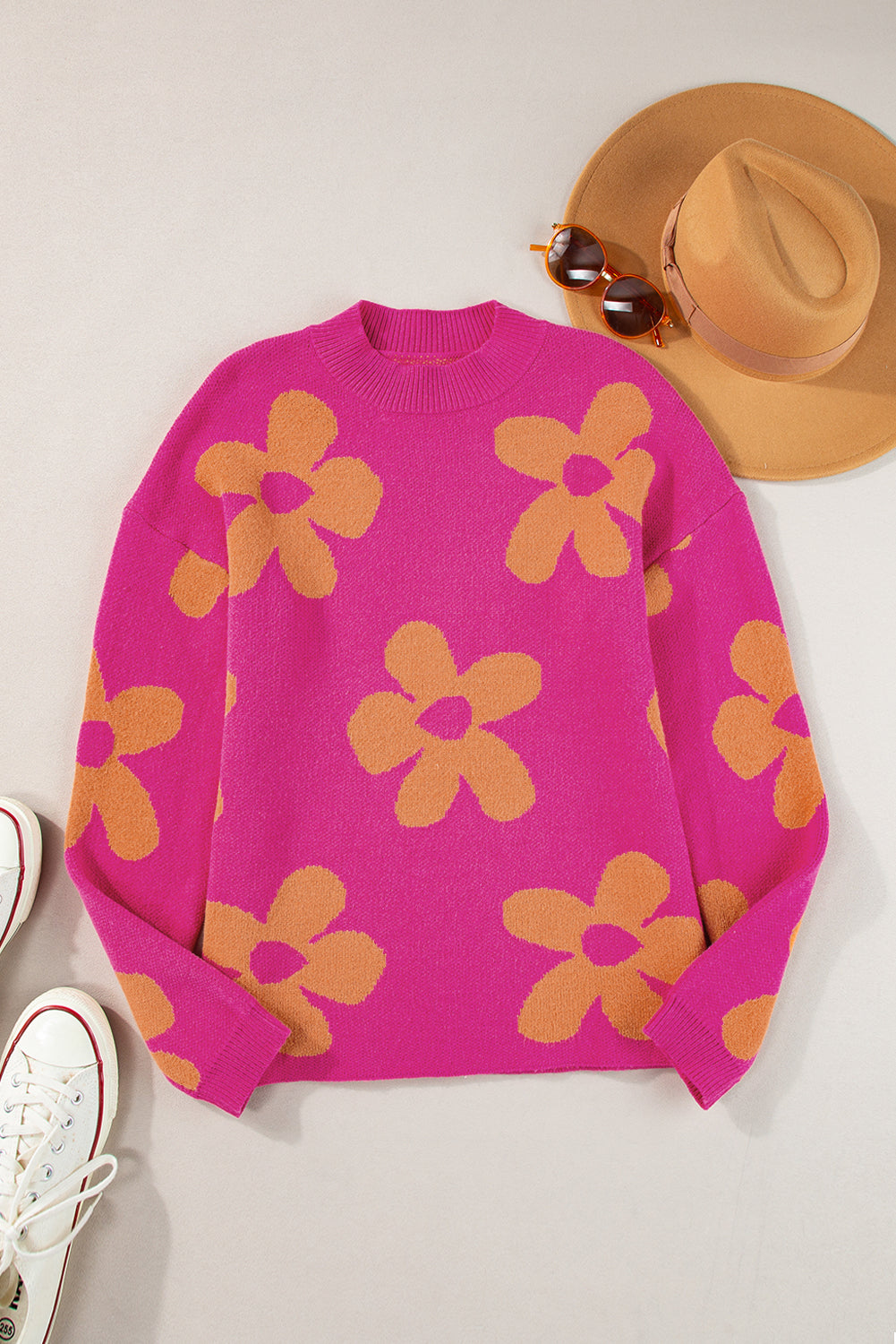 Rose Big Flower Pattern Mock Neck Long Sleeve Sweater