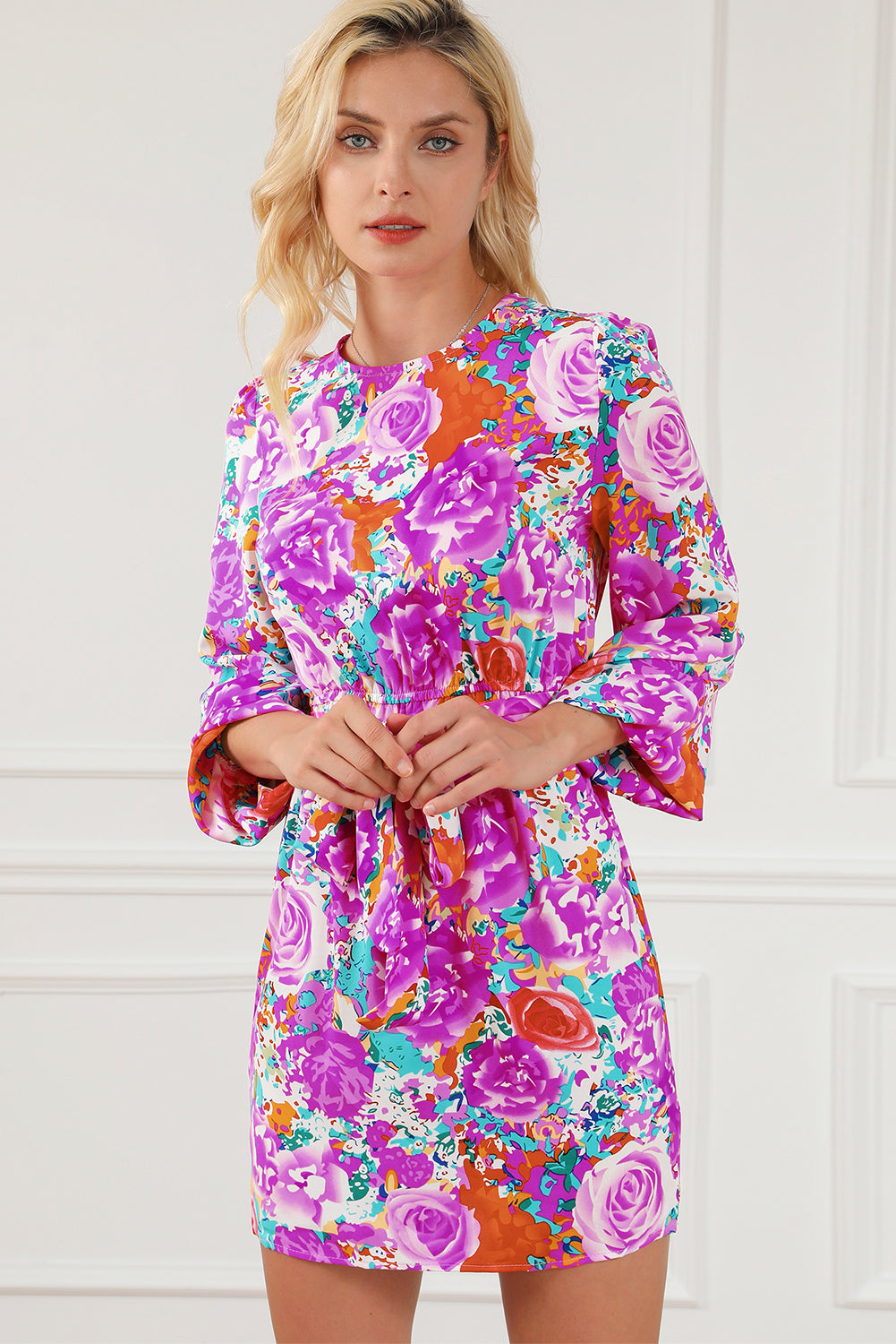 Purple Floral Keyhole Back Long Sleeve Belted Dress