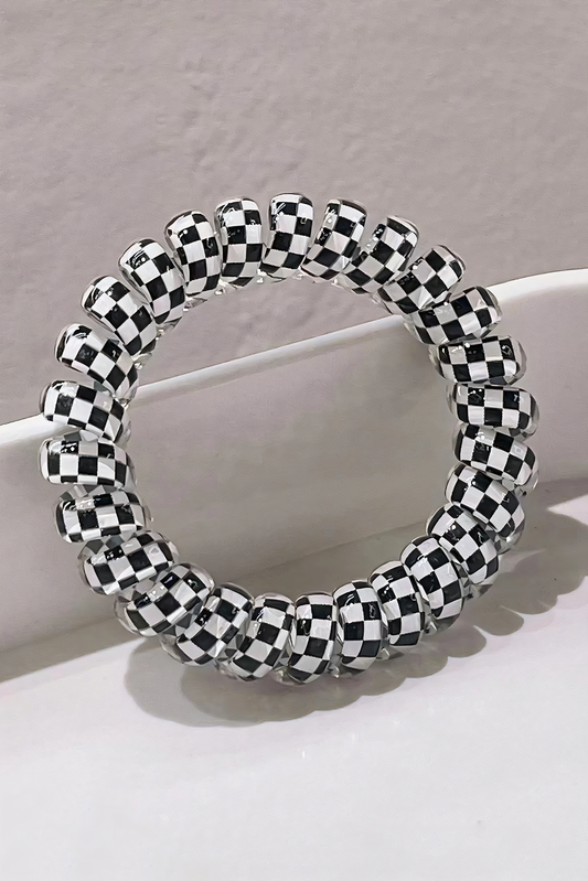 Black Checkered Print Telephone Cord Spiral Hair Tie