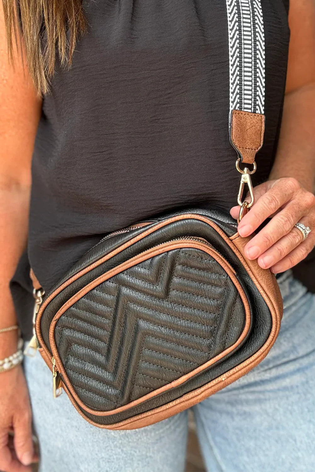 Black PU Leather Quilted Texture Mini Shoulder Bag