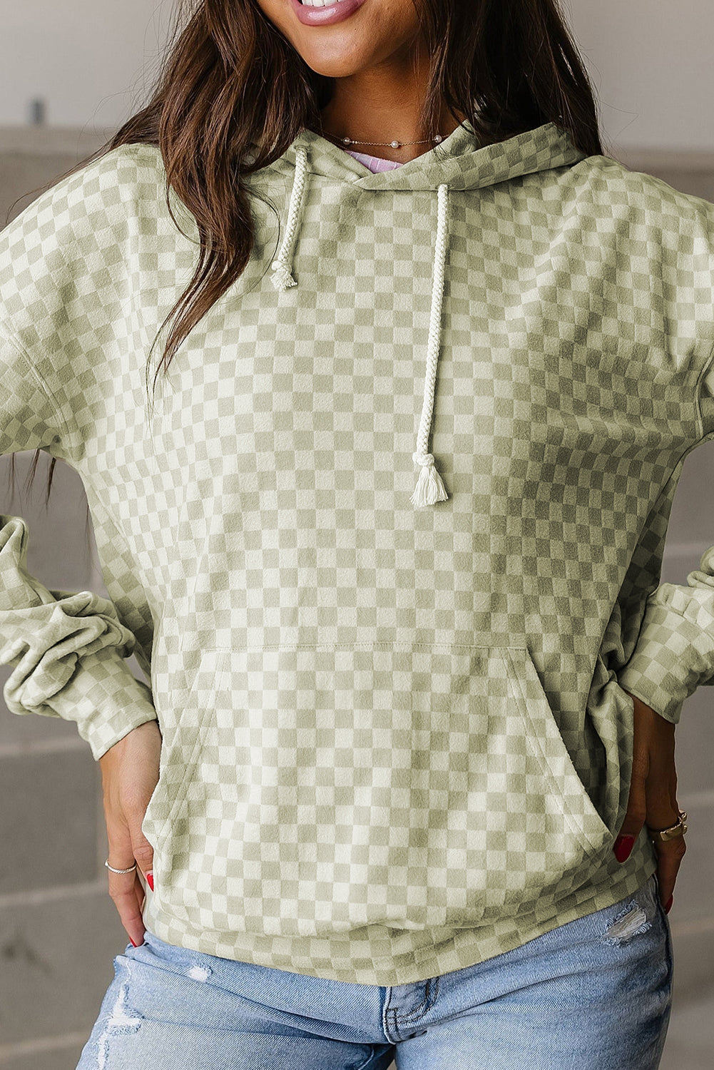 Green Checkered Print Kangaroo Pocket Drawstring Hoodie