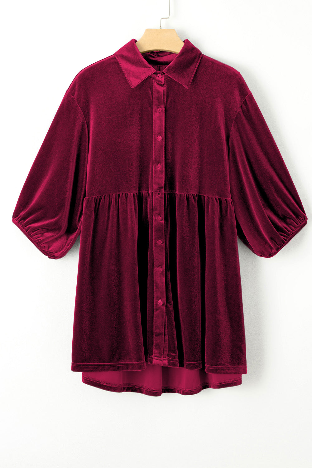 Burgundy 3/4 Sleeve Tunic Babydoll Velvet Shirt