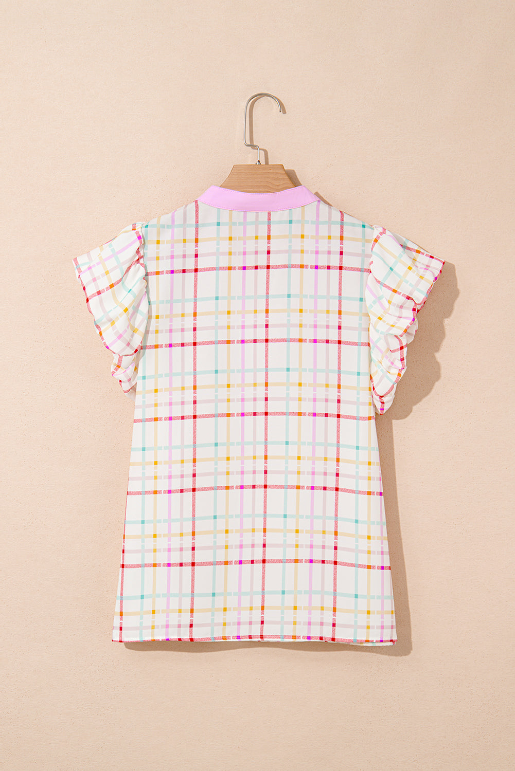 White Plaid Flutter Sleeve Colorblock Ric Rac Split V Neck Blouse ...