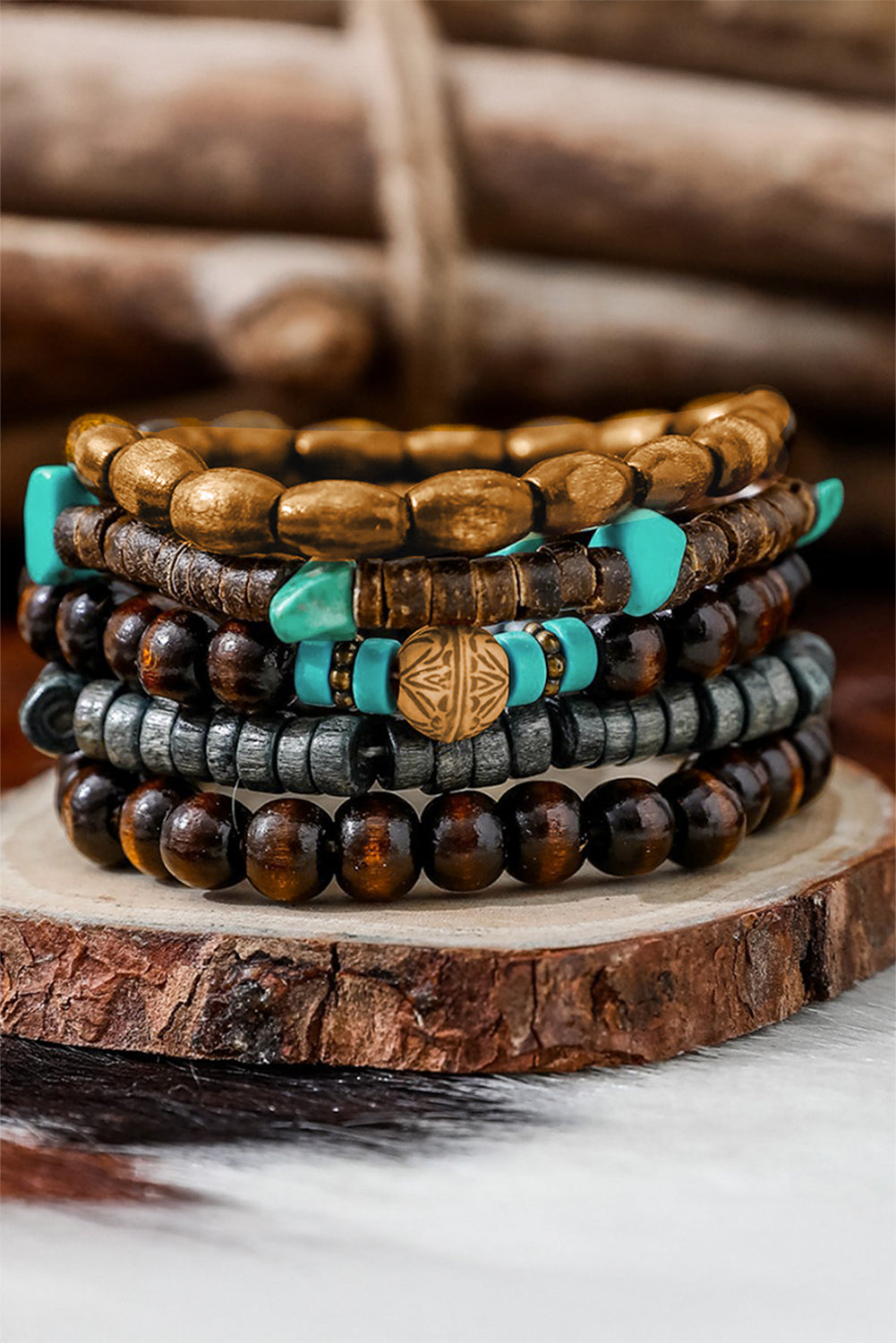 Chestnut Boho Turquoise Wooden Beaded Multi Layer Bracelet