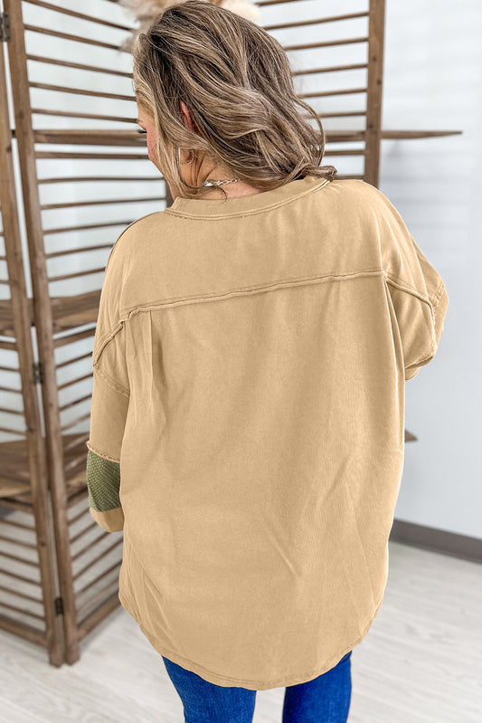 Laurel Green Exposed Seam Contrast Texture Patchwork Plus Size Drop Shoulder Pullover