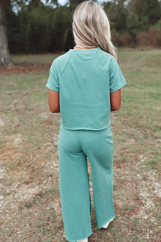 Mint Green Raglan Short Sleeve Tee and Wide Leg Pants Set