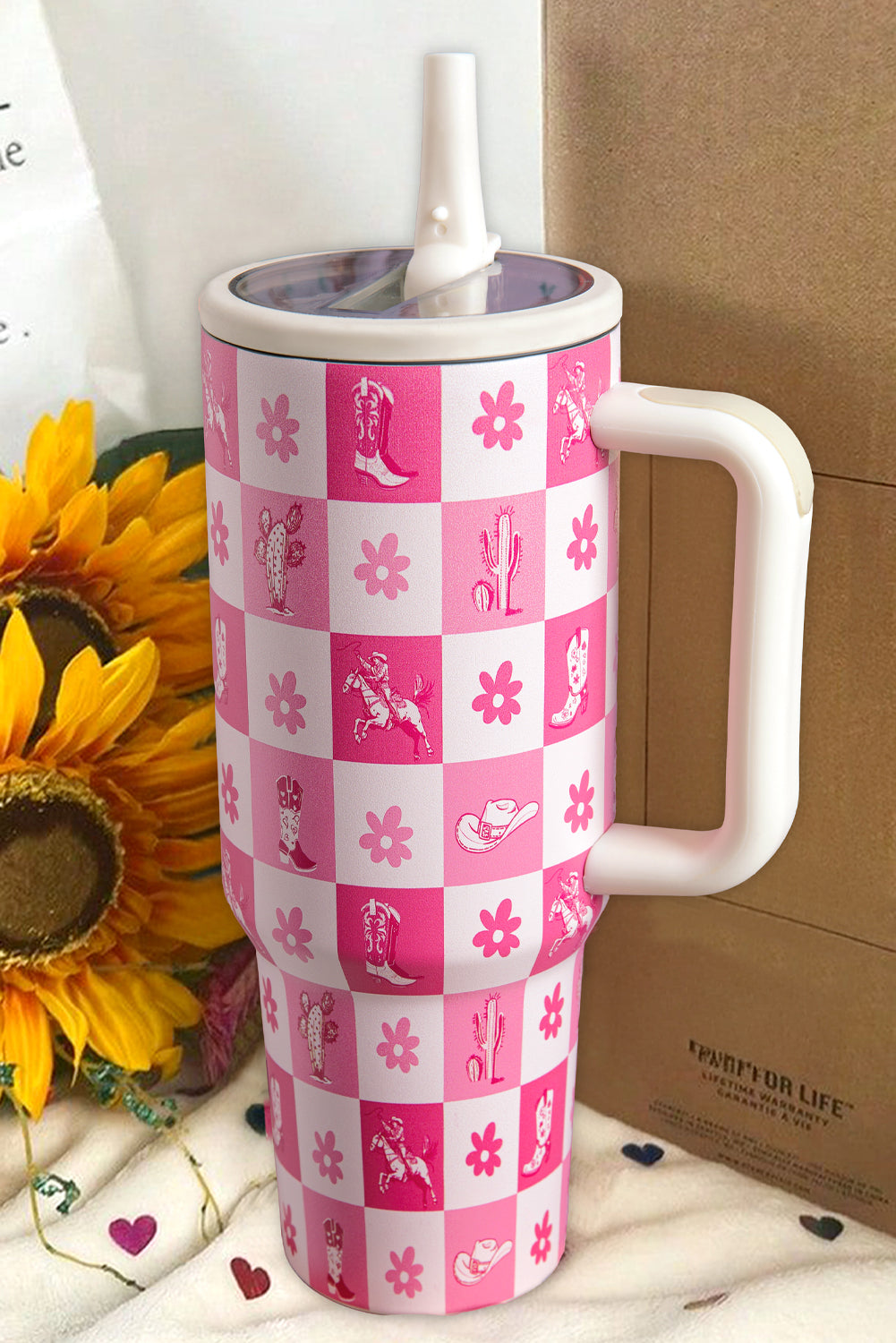 Rose Red Western Pattern Flower Checkered Print Insulated Tumbler 40OZ