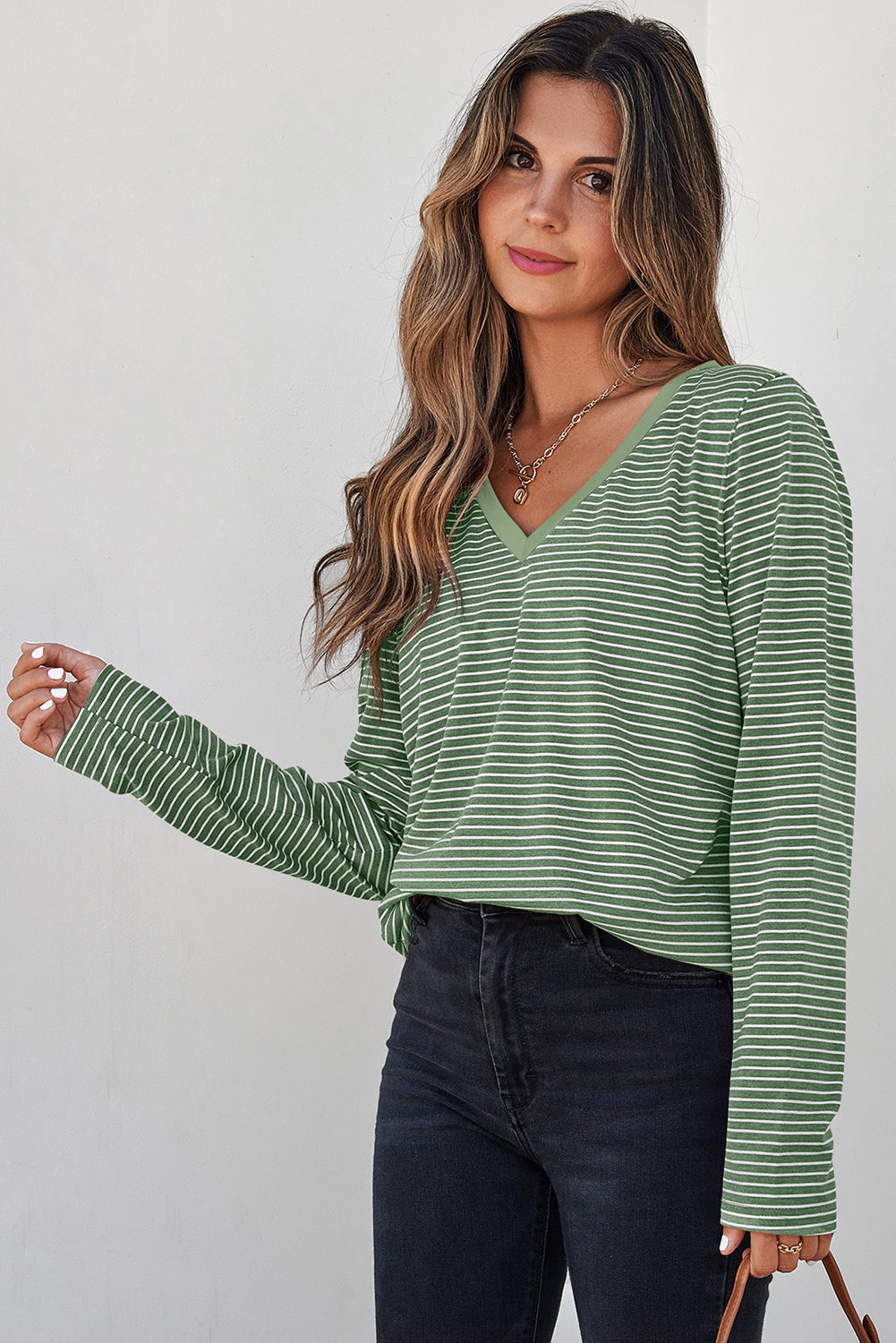 Green Stripe V Neck Stretchy Long Sleeve Top