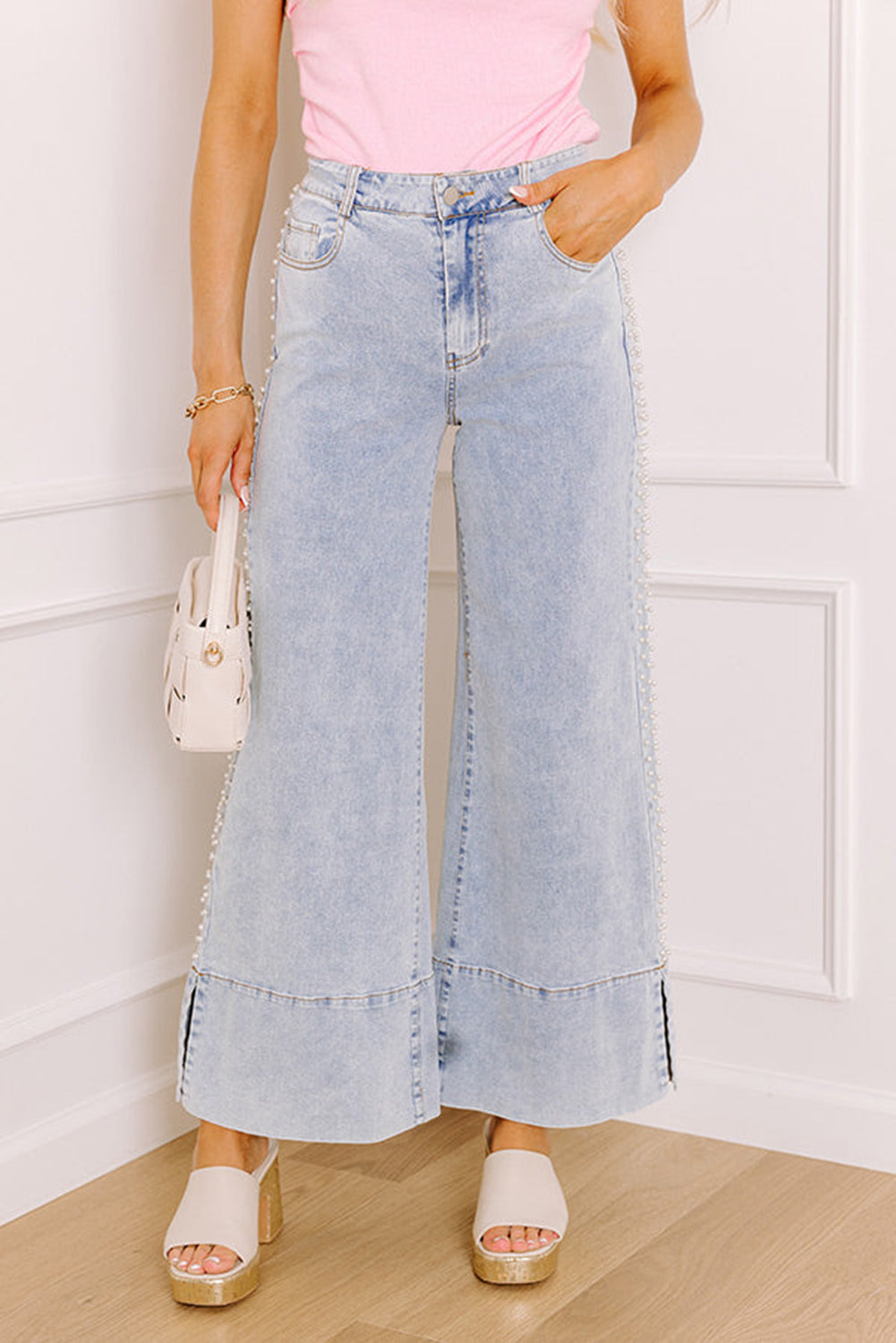 Beau Blue Mid Rise Pearl Embellished Split Wide Leg Jeans