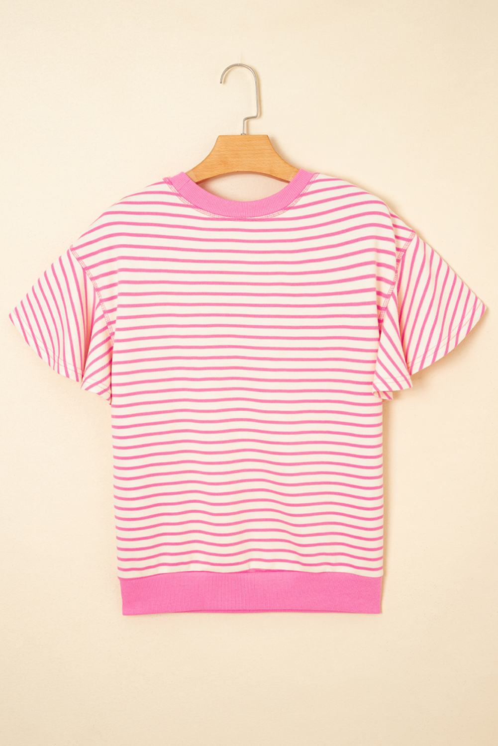 Sachet Pink Striped Guitar Patched Ruffle Short Sleeve Crossed Seam Blouse