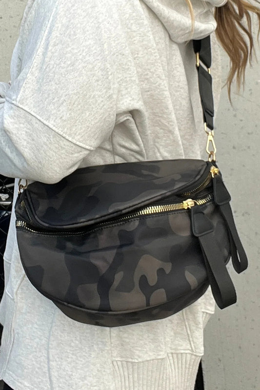 Vineyard Green Camouflage Print Gold Chain Strap Double Zipper Crossbody Bag