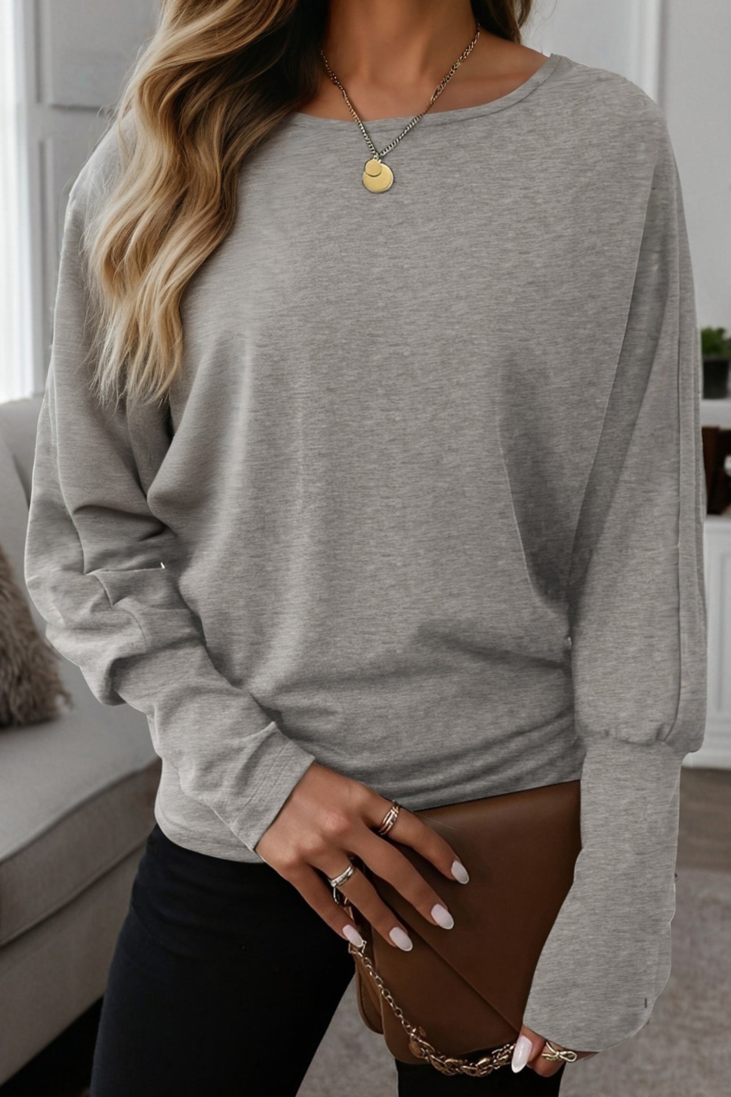 Light Grey Solid Color Extended Cuffs Long Sleeve Top