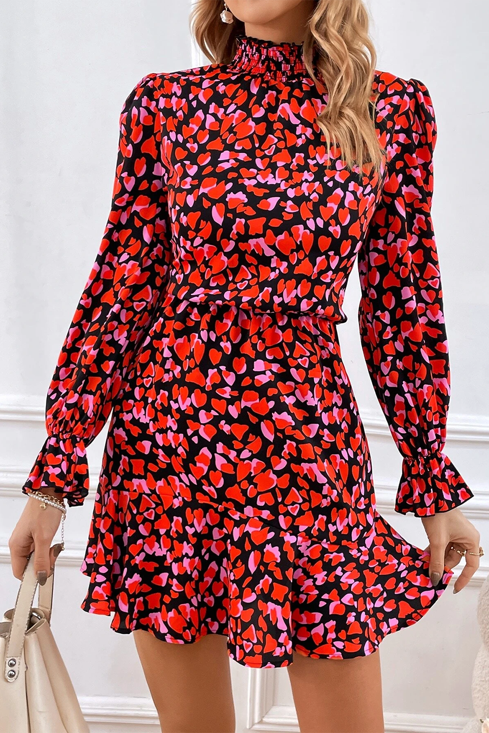 Red Valentines Day Heart Shape Print Long Sleeve Mini Dress