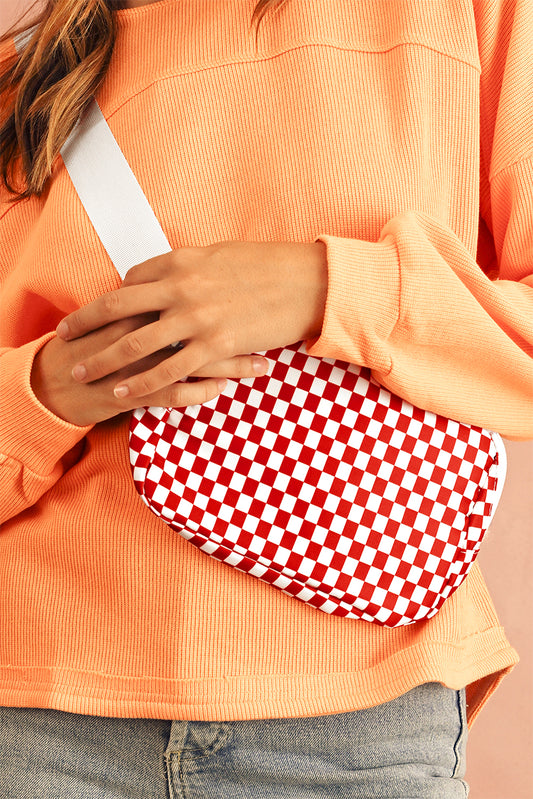 Fiery Red Checkered Print Zipped Buckle Strap Crossbody Bag