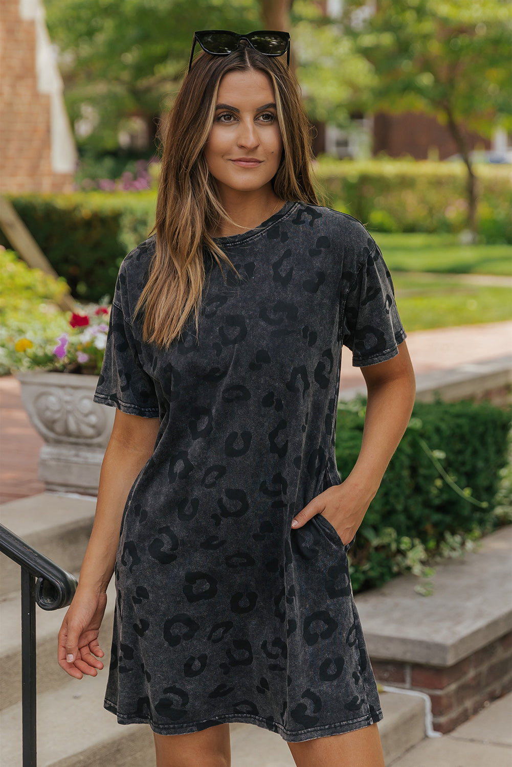 Gray Vintage Washed Leopard T-Shirt Dress with Pockets