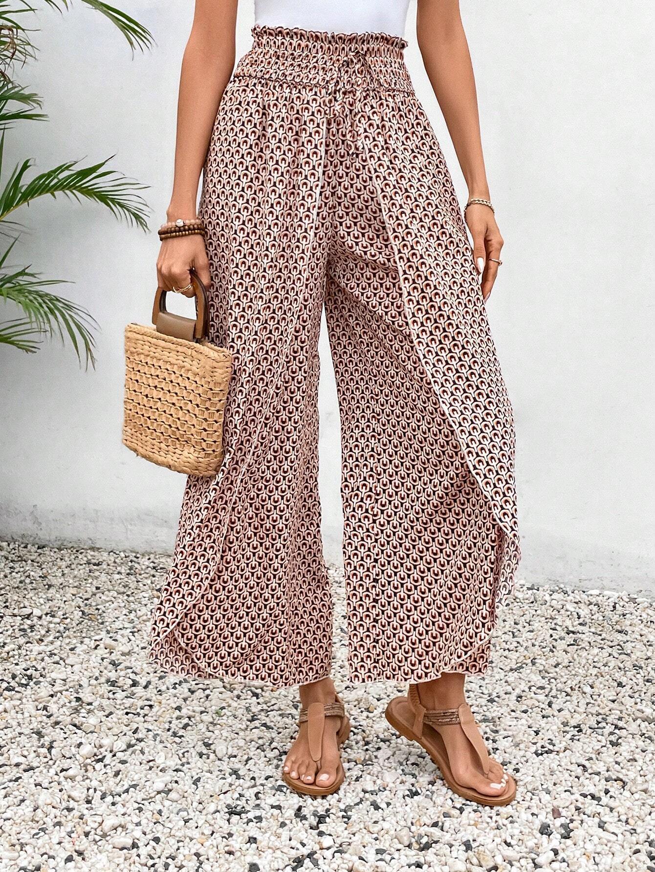 Red Bohemian Print Slit Wide Leg Smocked High Waist Pants