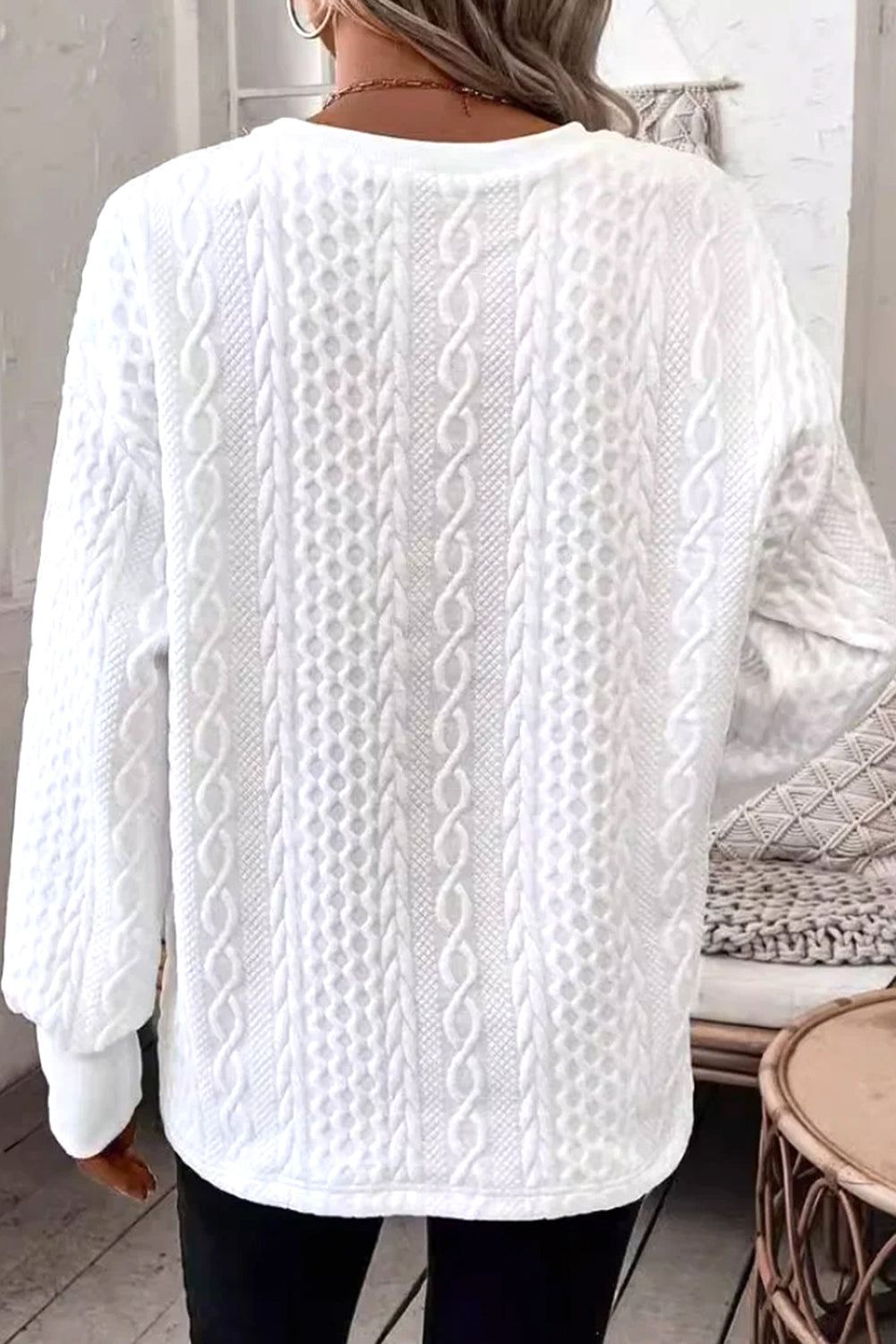 White Solid Color Textured V Neck Drop Shoulder Knit Top