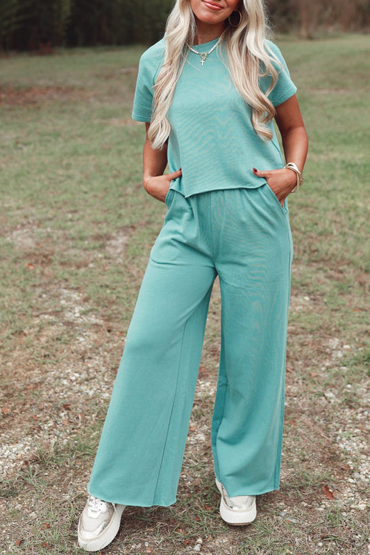 Mint Green Raglan Short Sleeve Tee and Wide Leg Pants Set