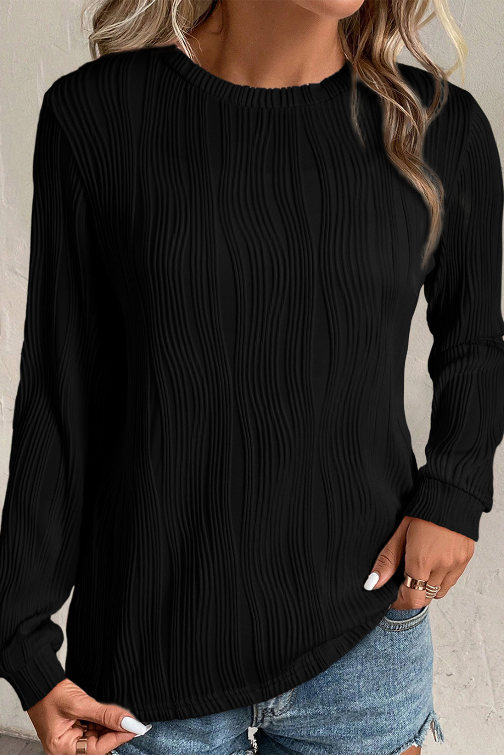 Black Textured Wavy Round Neck Long Sleeve Top