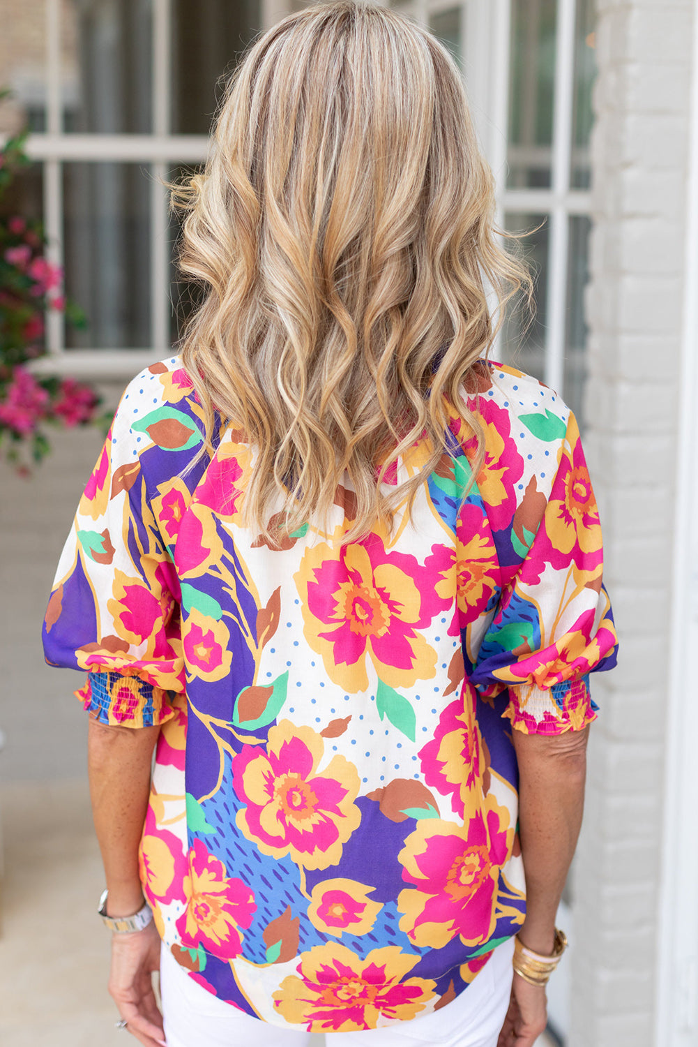 Rose Red Floral Print Split Neck Short Puff Sleeve Plus Blouse