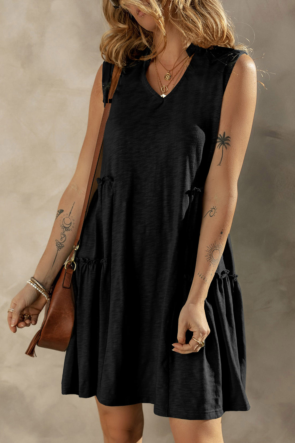 Black Split V Neck Tiered Flowy Sleeveless Dress