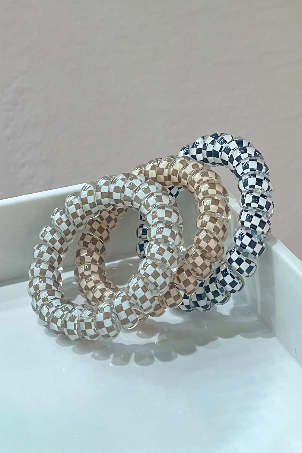 Black Checkered Print Telephone Cord Spiral Hair Tie
