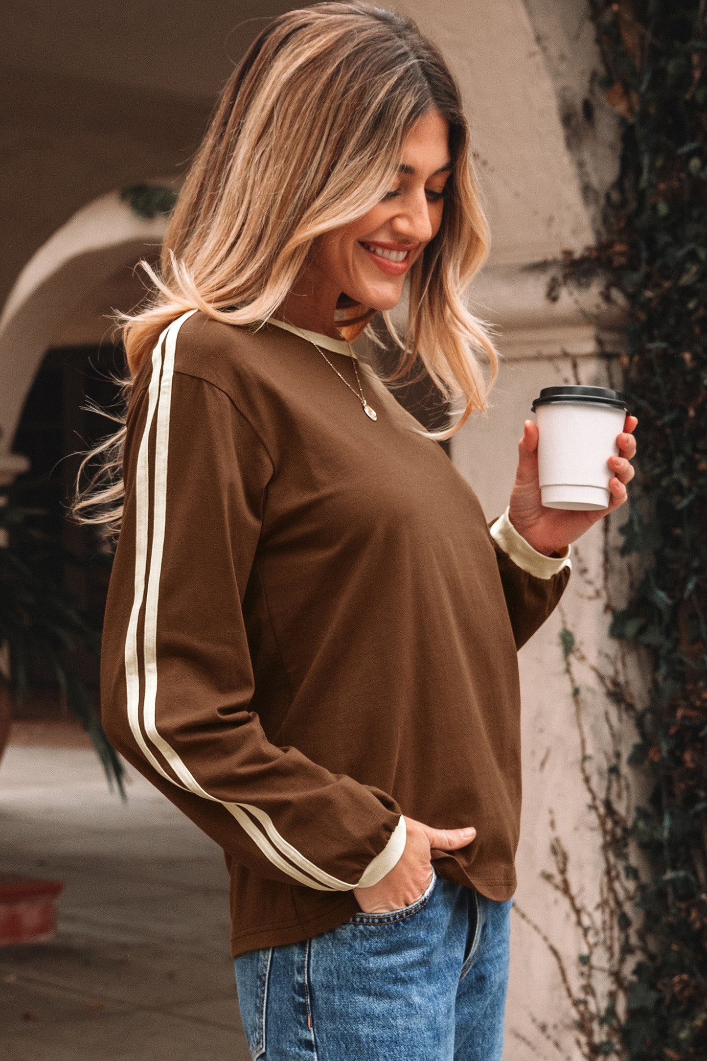 Dark Brown Varsity Striped Accent Contrast Crew Neck Long Sleeve T Shirt