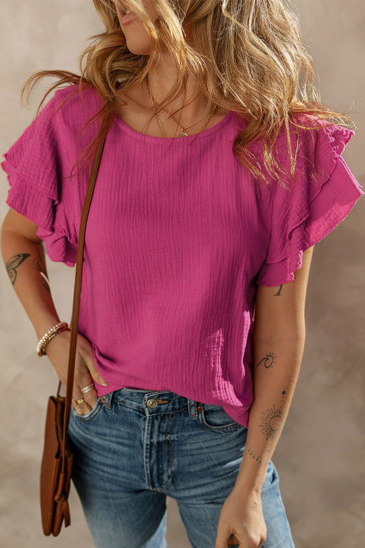 Rose Red Crinkled Cotton Gauze Ruffle Sleeve Blouse